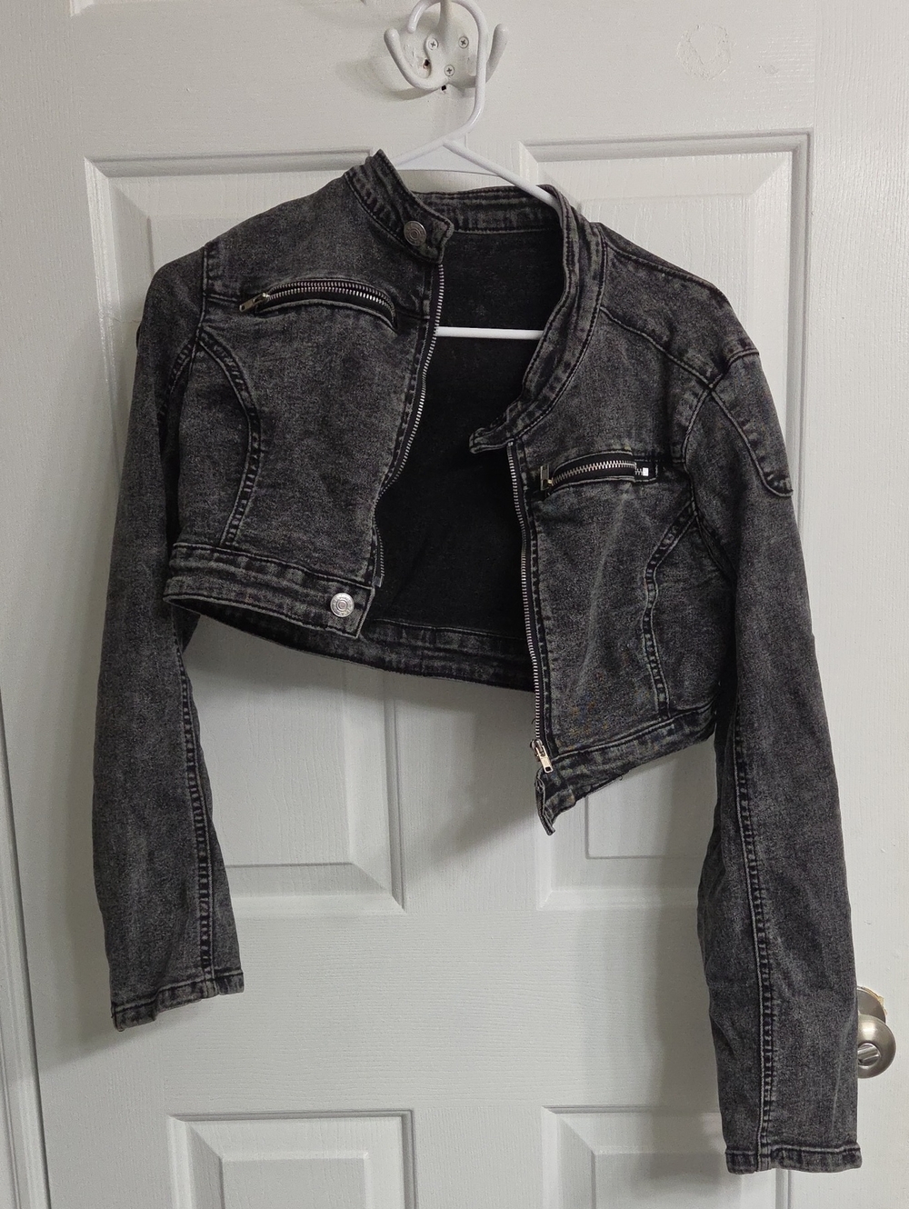 SHEIN Washed Black Cropped Moto Jean Jacket